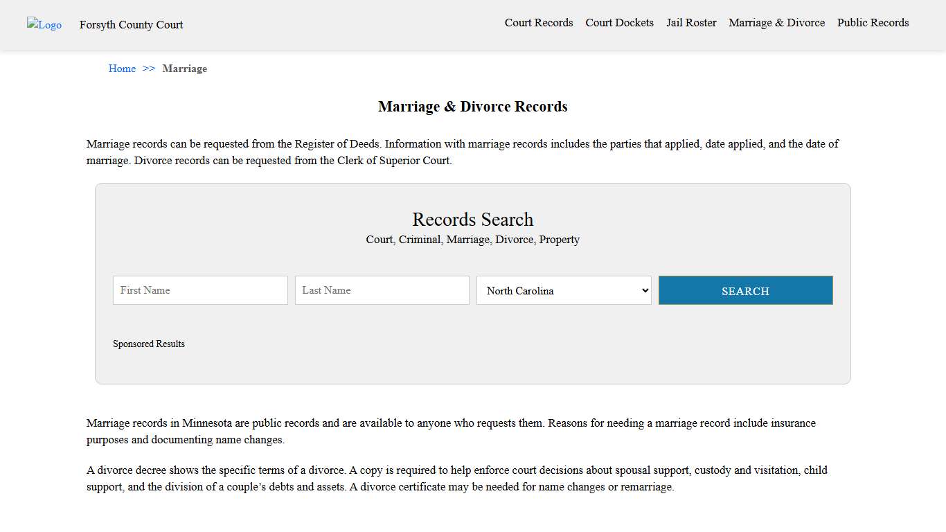 Marriage & Divorce Records Forsyth County Court